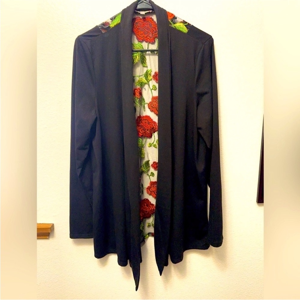 Black Open Front Cardigan with Floral Lining